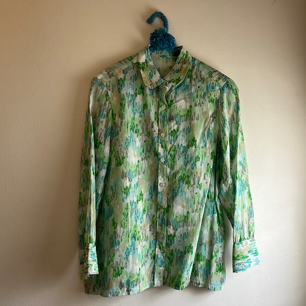 VINTAGE sheer blouse, greens and blue, size medium